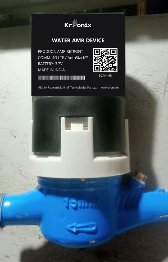 Krionix water AMR retrofit fitted on a 15 mm mechanical water meter